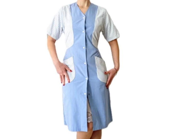 Robe Tablier Rétro Rayures Bleu - Jals Tiffany - Longueur Genou - Esprit Années 40 Reconstitution ww2 - Vintage Années 70 - S/M (36/38)