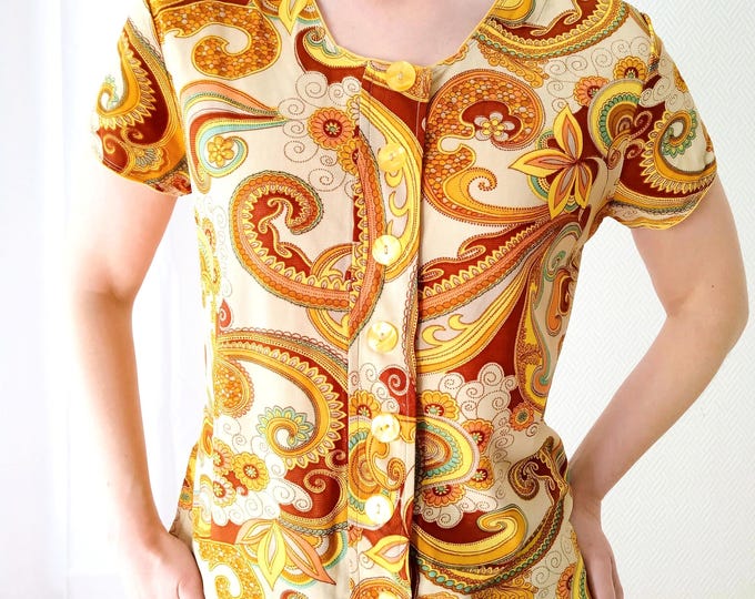 Chemisier Vintage 60s Fait Main – Imprimé Paisley Psychédélique – Style Hippie Chic Flower Power – L/XL (40/42)