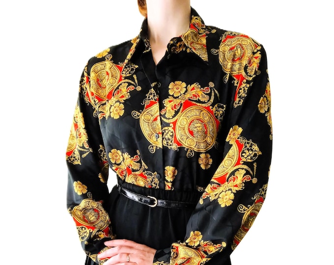 Chemisier Grande Taille Baroque Vintage Christine Laure - Motif Médaillon Doré et Rouge - Fabriqué en France - 5×L/6×L (50/52)