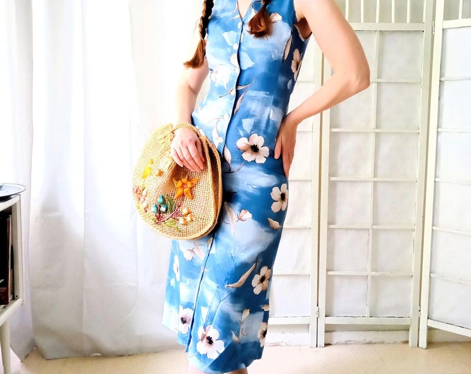 Robe Longue Vintage Années 90 Style 50s Motif Floral Poétique Bleu et Blanc Viscose Made in France S (36)