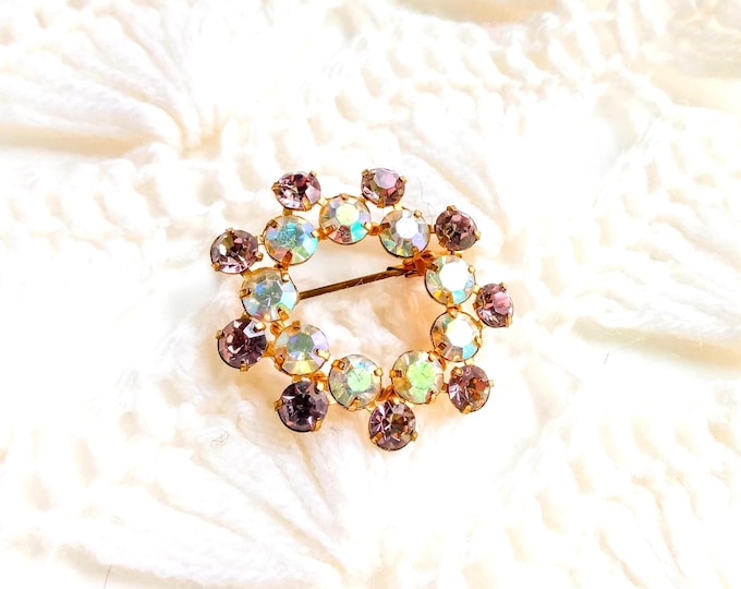 Broche Vintage Strass Aurora Borealis – Bijou ancien Années 50 – Broche Cercle Dorée Étincelante - Cadeau Femme Noël