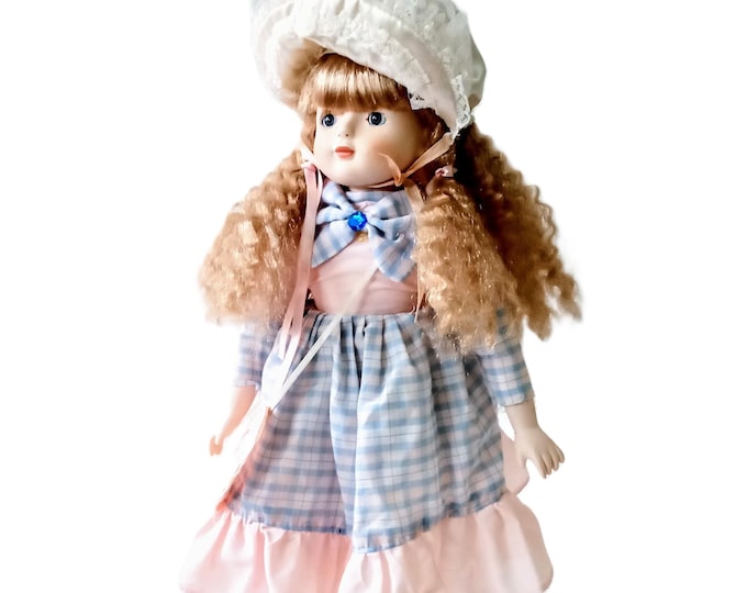 Vintage Porcelain Collectible Doll – Blond Hair - Vichy Dress - Retro Girl Bedroom Decor - Vintage 70s toy - Nostalgic Gift Idea