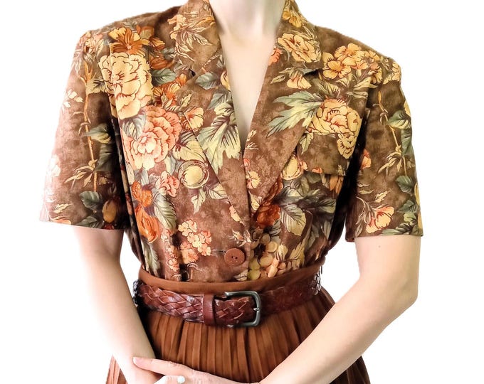 Chemisier Blazer Vintage 80s Jean-Claude Paris - Floral Marron - 100% Coton - T42 (XL)
