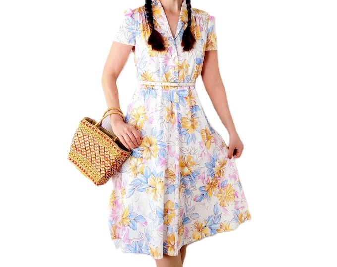 Robe Midi Vintage 70s style Années 40 – Motif Floral Safran Bleu Rose – Manches Bouffantes & Boutons Tissu – (L/XL) 40/42