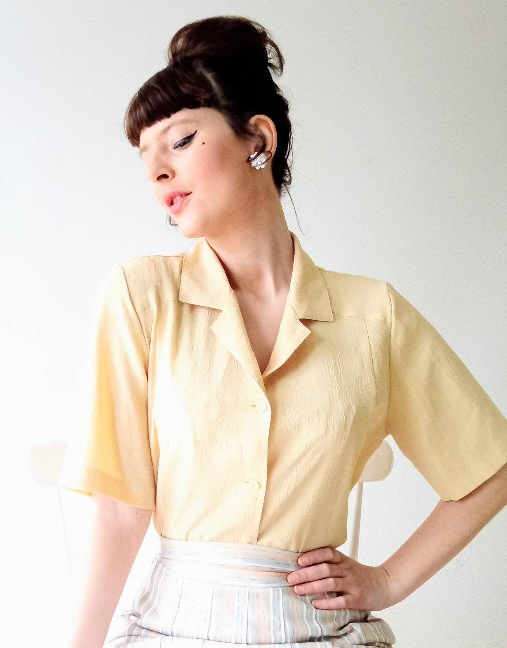 Chemisier Courrèges Vintage 1980 Jaune Paille 100% Coton - Taille 40 - Occasion