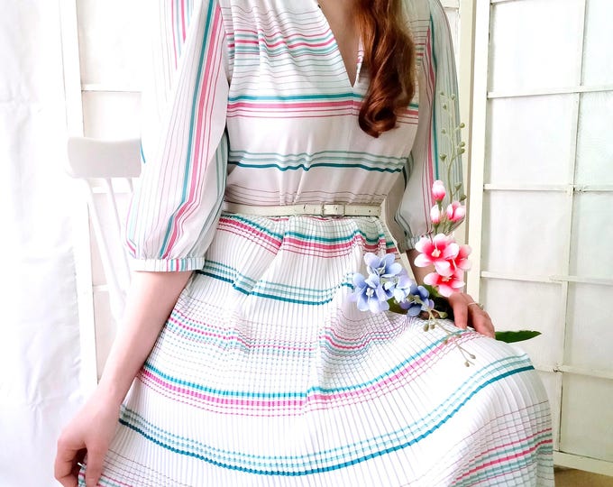 Robe Midi Rétro à Rayures - Coupe Circulaire - Style Pin-up Années 50 - Vintage Années 80 - XL/XXL (42/44)