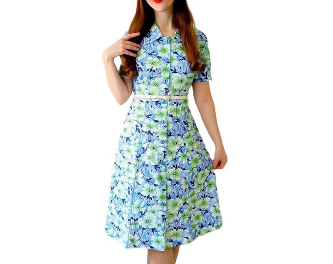 Robe Vintage Années 70 Esprit 40s à Fleurs Vertes et Bleues - Robe Chemise Rétro - Style Pin-up Champêtre - S (36)