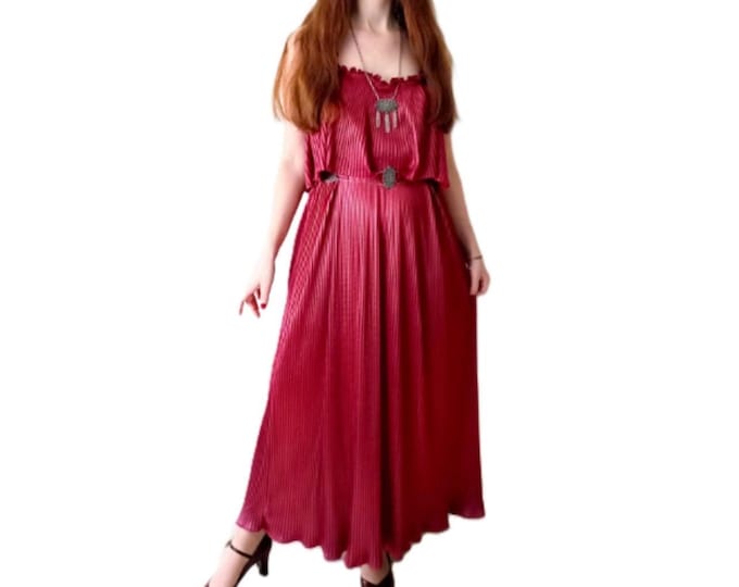 Robe Soirée Longue Rose Satinée - Froufrou - Vintage Années 70 - Esprit Disco, Fête, Cérémonie - M/L (38/40)