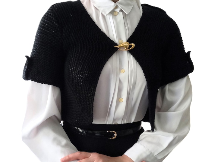 Retro Black Crochet Bolero Vest - Made in France - Vintage 1990's - S/M