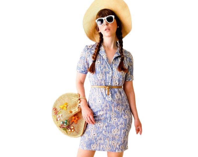Vintage 70s Floral Dress – Boho Hippie Style – Short Blue and Yellow Summer Dress - M/L