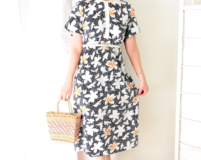 Robe grande taille midi florale vintage années 80 style 40s pois graphique bleu blanc jaune 3×L/4×L (46/48)