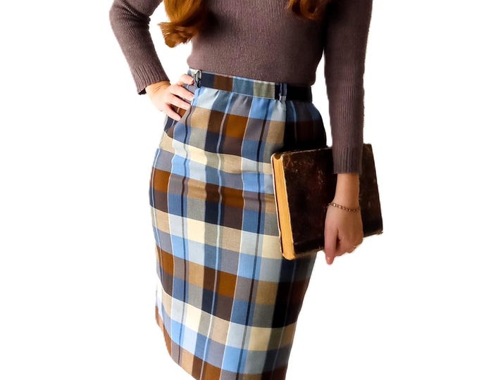 Jupe écossaise Marron & Bleu Vintage Années 80 - Esprit Rétro style Années 60 - S/M ( 36/38)