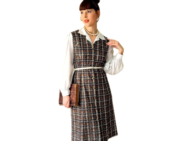 Robe Midi Rétro Carreaux Marron Sans Manche – Vintage Années 80 – Style Années 50 Rockabilly Pin-Up – XL(42)