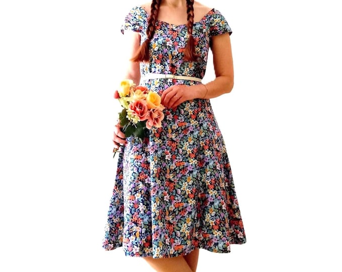 Robe Midi Rétro Cottage Floral en Coton – Style Années 40 & Pin-up – Vintage Années 70 – Taille M/L (38/40)