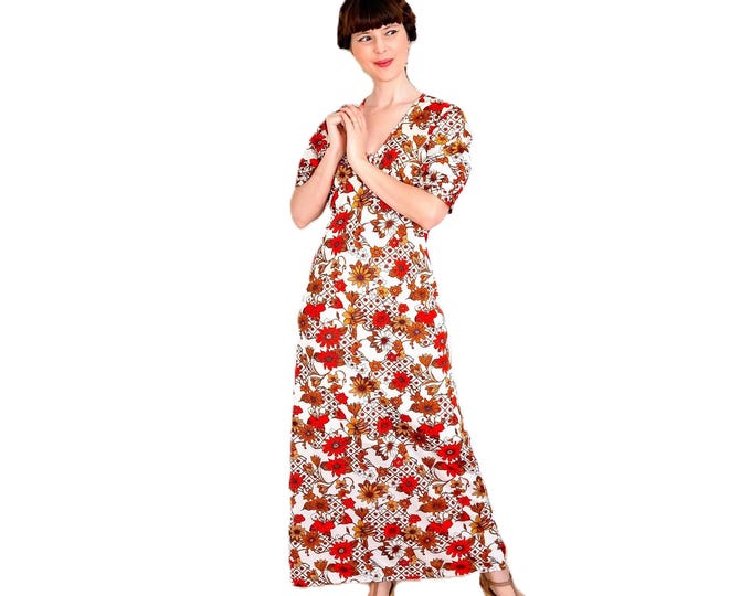 Robe Longue Vintage 70s - Motif Floral Corail & Marron - Fait Main - L/XL (40/42)