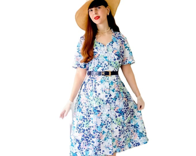 Robe Midi Vintage 80s Esprit Pin-up 40s Grande Taille, Motif Floral, Col Festonné, Style Rétro Chic, 3×L/ 4×L (46/48)