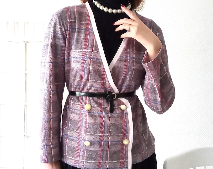 Chemise Blazer Femme Grande Taille - Motifs Carreaux Écossais - Vintage 80s - Esprit Rétro Old Money - 3×L/4×L (46/48)