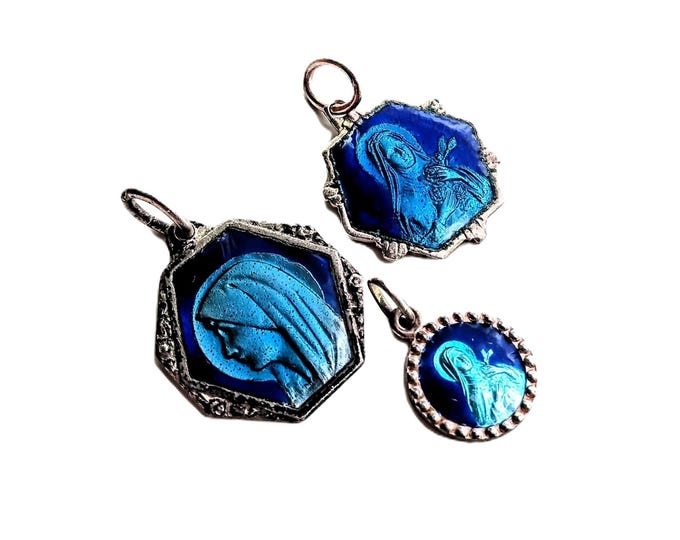 Vintage 1950s Blue Enamel Religious Pendants Medals – Saint Theresa, Virgin Mary – Catholic Gift