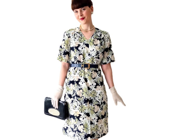 Retro Floral Large size Dress - Knee-lenght - 40's style - Green Blue - Vintage 80's - XXL/XXXL