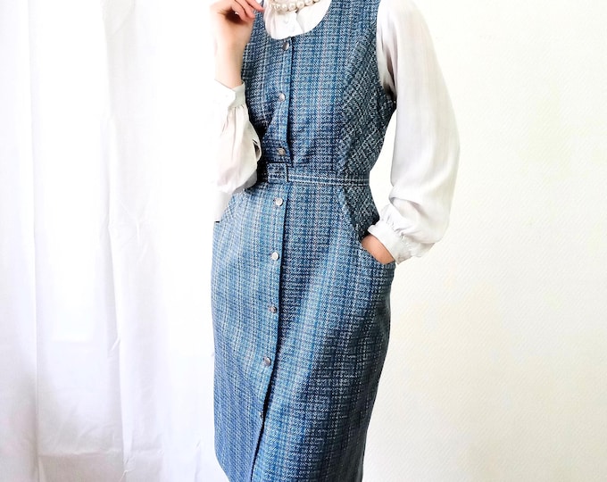 Robe Midi Rétro Carreaux Bleu Sans Manche – Vintage Années 80 – Style Années 50 Rockabilly Pin-Up – XL(42)