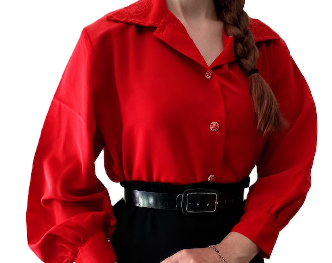Large Size Red Women Blouse - Floral Embroidery - Vintage 80s - Retro style - 4×L