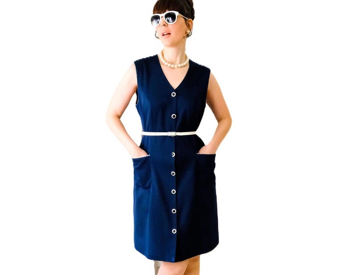 Robe Chasuble Vintage Années 80 – Style Sixties Bleu Marine – Liseré Tweed & Poches – Taille 44 (XXL)
