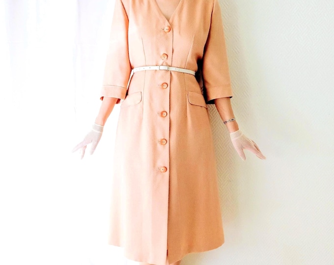 Robe Midi Fait Main 80s Style 50s Abricot Pied de Poule Rétro L (40)