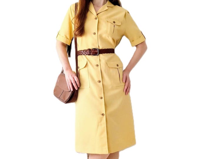Robe Saharienne Vintage Jaune Années 80 - Fabriquée en France - Style Robe Utilitaire Années 40 - M/L (38/40)