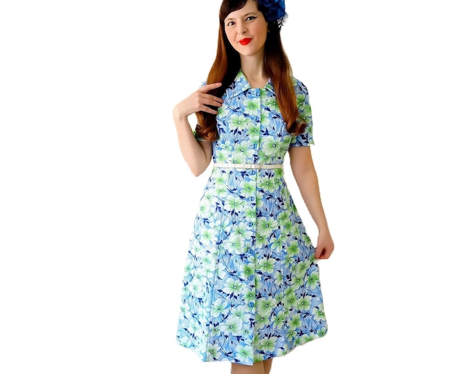 Robe Vintage Années 70 Esprit 40s à Fleurs Vertes et Bleues - Robe Chemise Rétro - Style Pin-up Champêtre - S (36)