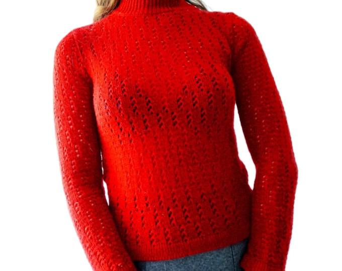 Pull-over fabriqué en France vintage rouge ajouré années 60 col montant rétro style années 40 T34/36