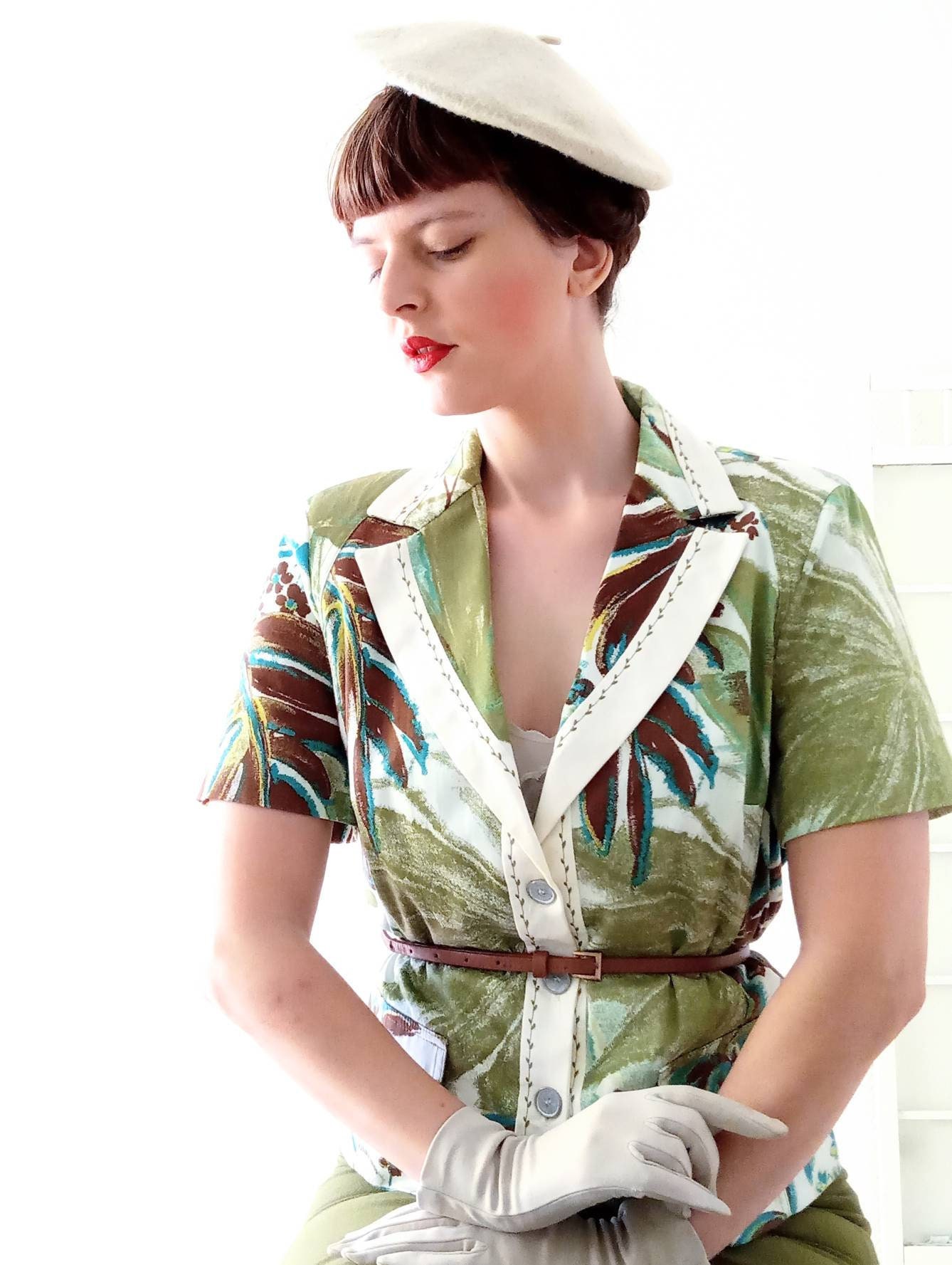 vintage blouse 1990's embroidered printed tropical leaves style 40s 