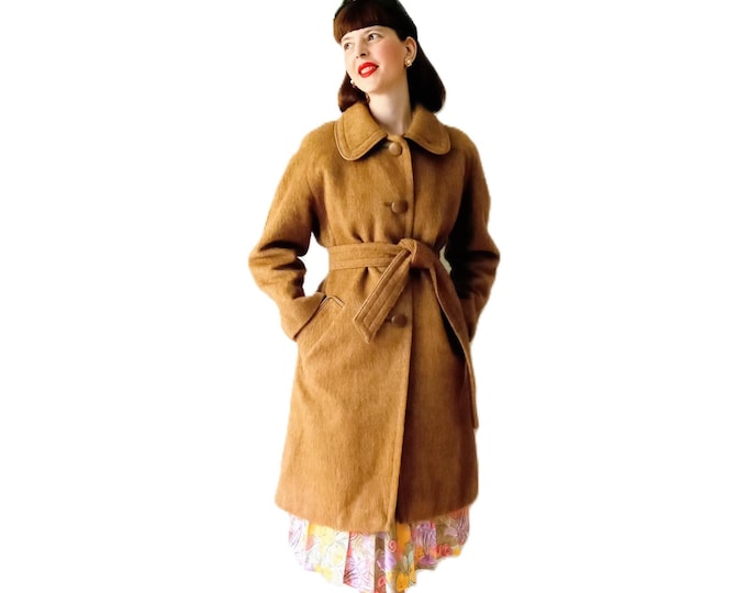 Vintage Beige Wool Coat for Women - 60s/70s - Long & Belted - Retro Style - L/XL