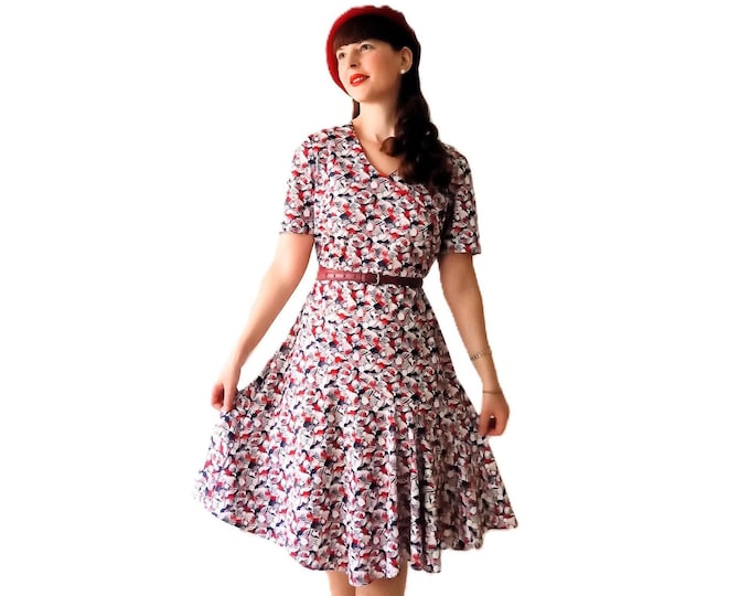 Robe Rétro Couleurs Patriotiques - Esprit libération Style années 40 - Motif Pois - Longueur Genou - Reconstitution Historique L/XL (40/42)