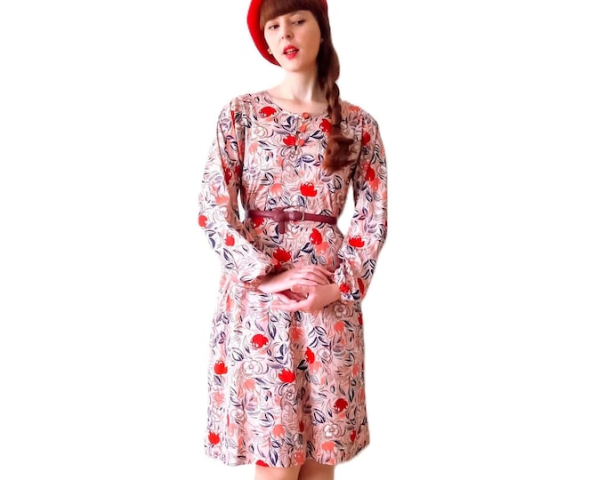 Autumn Retro Long Sleeve Dress – Leaf & Flower Pattern – 70s Vintage – Size XL