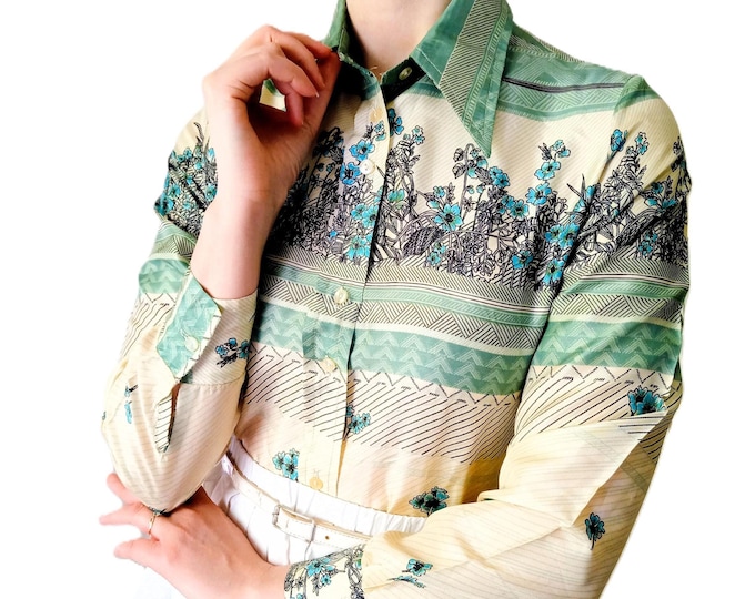 Chemisier Vintage 70s en Soie - Motif Floral et Géométrique Vert Amande & Turquoise - Col Pointu - Style Rétro Chic - S/M (36/38)