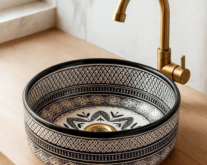 Featured listing image: Hand-Painted Black & White Ceramic Sink: Moroccan Bathroom Vessel