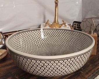 Lavabo de cerámica para baño pintado a mano en blanco y negro, lavabo sobre encimera hecho a mano de lujo personalizado