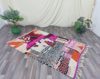WOOL RUG - Moroccan Handmade Rug- Multi colored Rug- Abstract pink Rug, Bohemian , Handiwork Wool Carpet