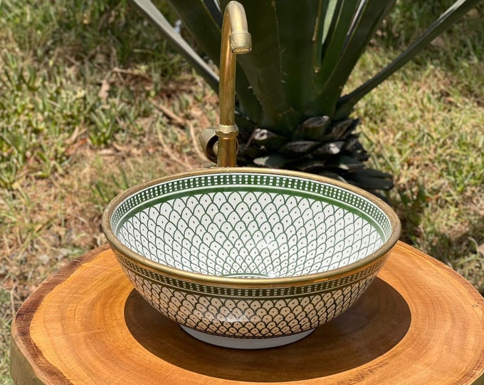 Featured listing image: Hand Painted Ceramic Sink with 14K Gold Accents, Green and White Bathroom Washbasin, Luxurious Handmade Countertop Vessel Sink, Custom Sizes