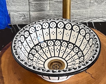 Handmade Ceramic Vessel Sink: Black and White Moroccan Basin