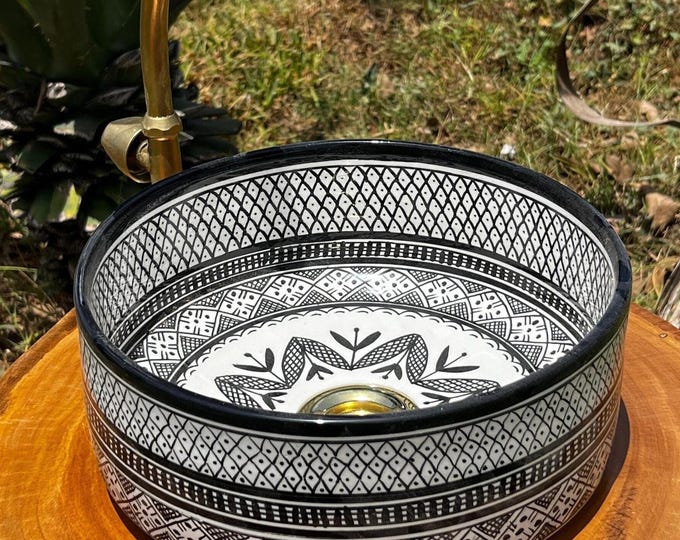 Featured listing image: Hand-Painted Black & White Ceramic Sink – Moroccan Vessel Bathroom Basin, Luxury Countertop Vanity Bowl, Unique Artisanal Wash Basin