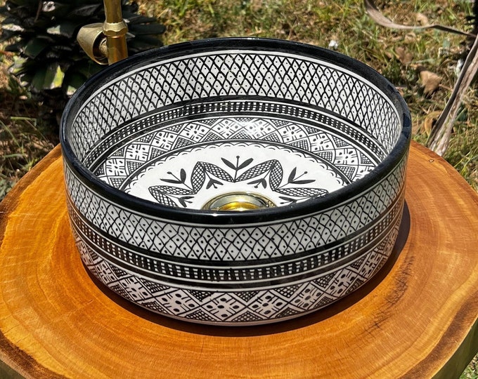 Featured listing image: Ceramic sink Bathroom wash basin hand painted with Black and white, custom luxury handcrafted countertop , original bathroom decor