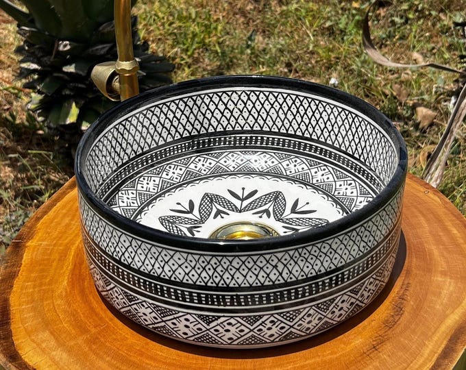 Featured listing image: Hand-Painted Black & White Ceramic Sink: Moroccan Bathroom Vessel