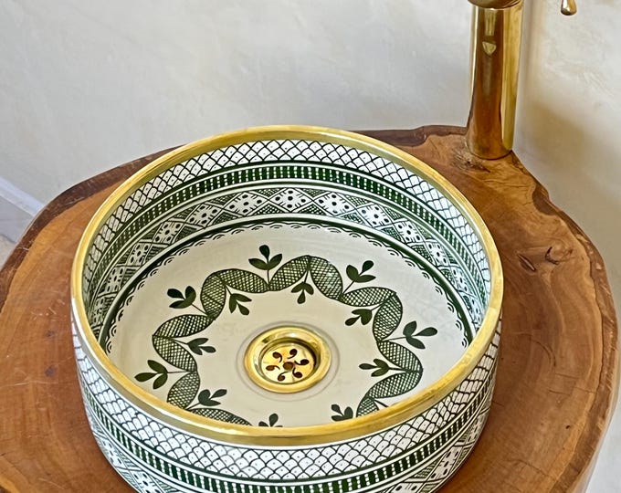 Featured listing image: Handmade Moroccan Green Ceramic Bowl Sink with Brass Rim – Unique Artisan Bathroom Washbasin – Eco-Friendly Handcrafted Vanity Sink Basin