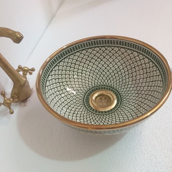 Lavabo de cerámica para baño Lavabo de oro de 14K pintado a mano con lavabo de encimera hecho a mano de lujo verde y blanco