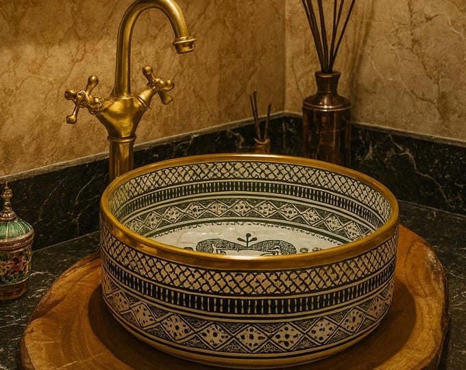Featured listing image: Handcrafted Moroccan Ceramic Sink: Green Washbasin with Brass Rim