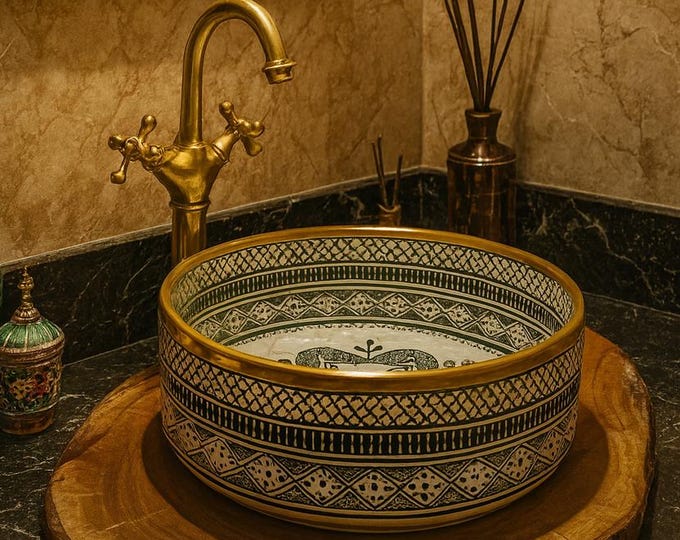 Featured listing image: Handcrafted Moroccan Ceramic Sink: Green Washbasin with Brass Rim