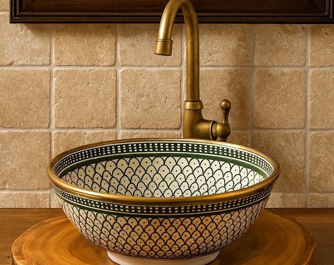 Featured listing image: Hand-Painted Ceramic Sink with 14K Gold Accents - Green & White Moroccan  Washbasin