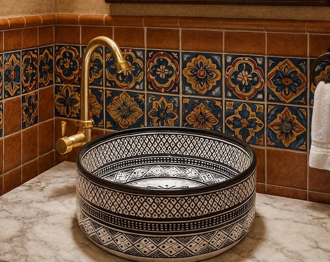 Featured listing image: Hand-Painted Black & White Ceramic Sink: Moroccan Bathroom Vessel
