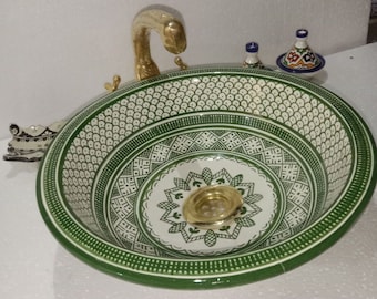 Lavabo-vasque fait main en céramique verte : Bassin marocain, 10-20 pouces